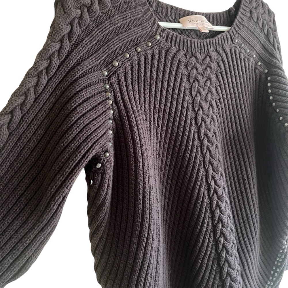 Philosophy Dark Gray Cable Knit Crewneck Sweater with Stud Accents - Picture 3 of 6
